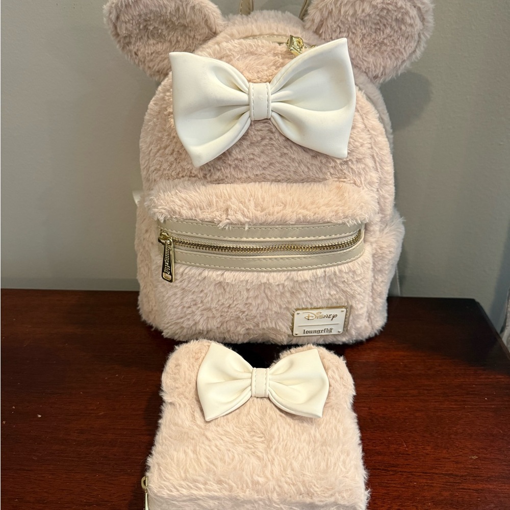 Disney Loungefly Faux Fur Cream Backpack and Wallet Set